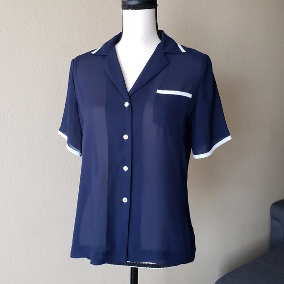Vintage Sheer Navy Diner Style Collar Top - Picture 2 of 7